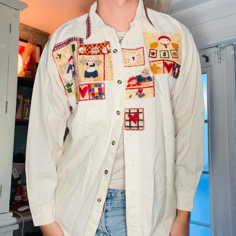 Source Unknown Cream Button-Down Shirt With Red A… - image 3